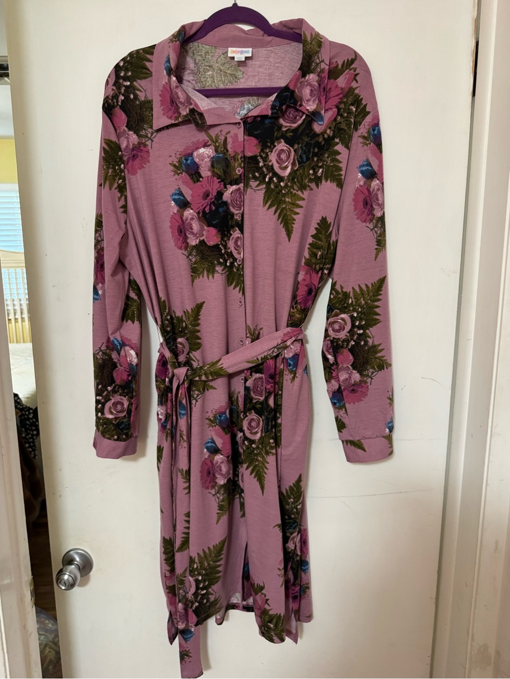 LuLaRoe Ellie Shirt Dress 2XL Mauve Floral Button Front Belted Midi Dress - Picture 7 of 7